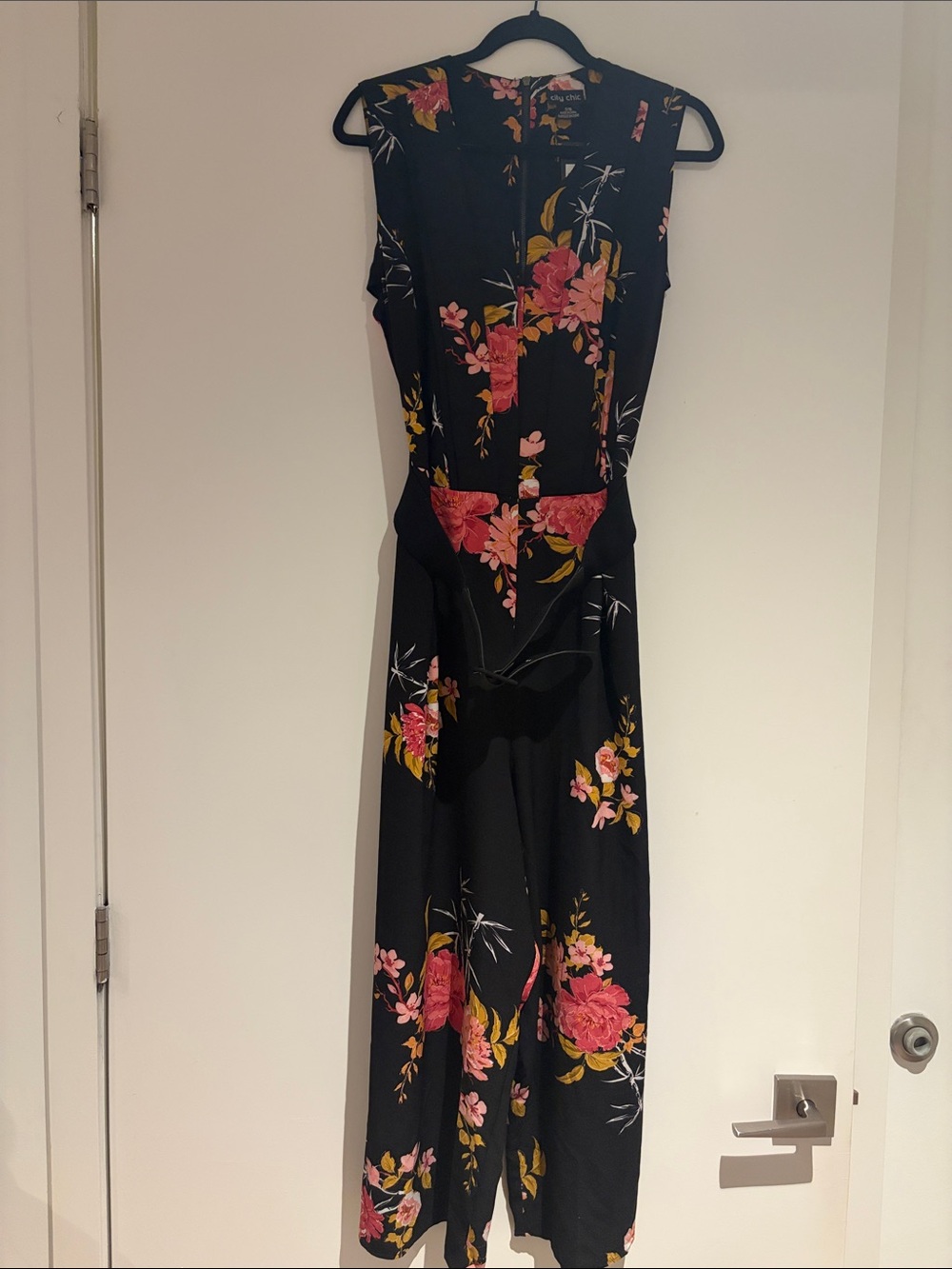 City Chic Black Beloved Blooms wide leg Jumpsuit with belt